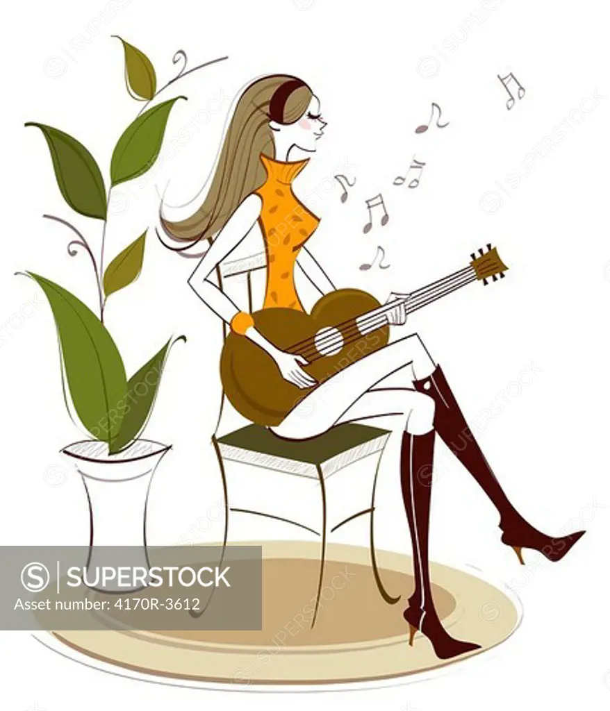 Side profile of a woman sitting on a chair and playing a guitar