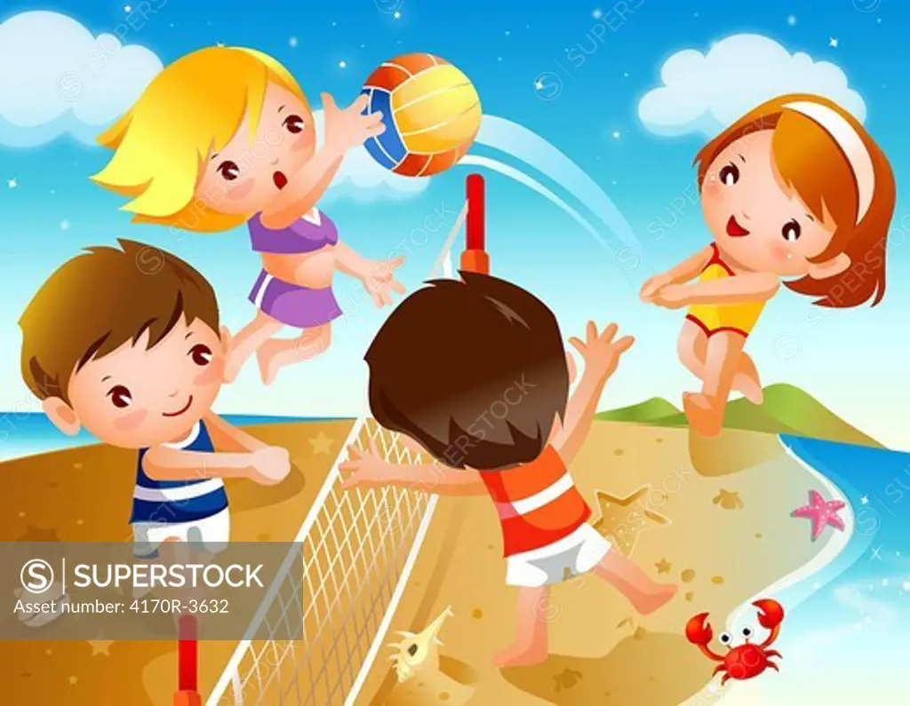 Two boys and two girls playing beach volleyball