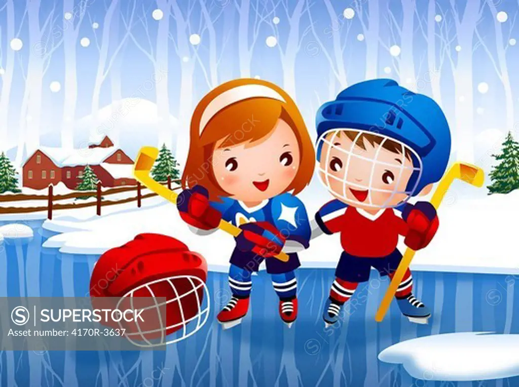 Boy and a girl holding ice hockey sticks