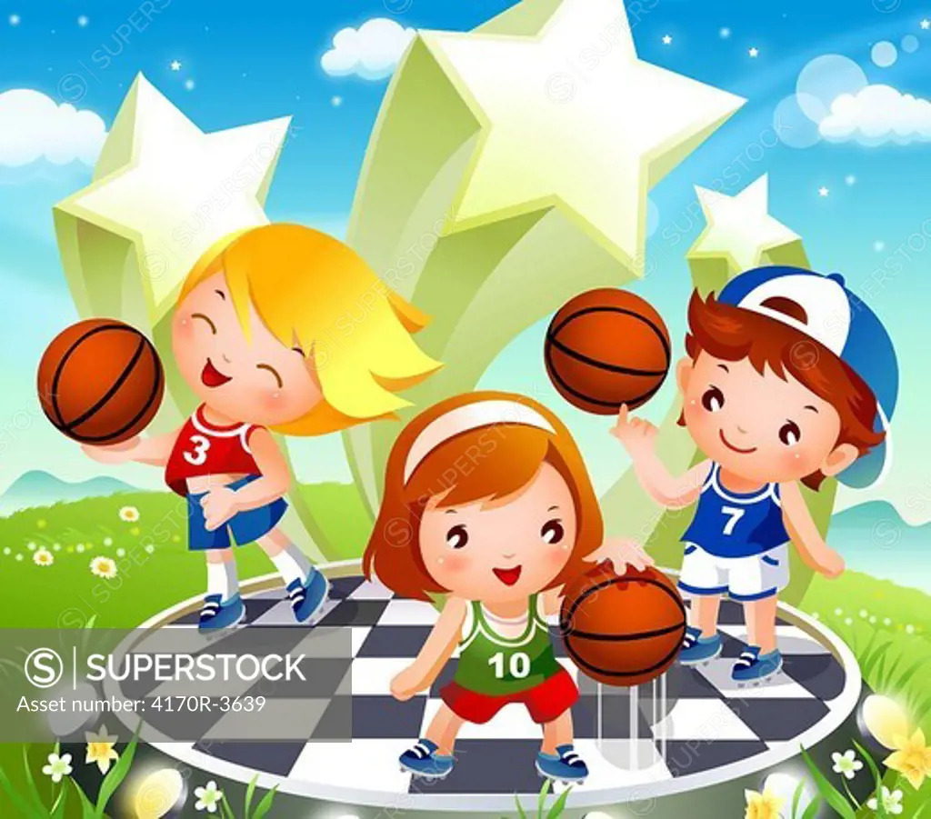 Two boys and a girl playing basketball