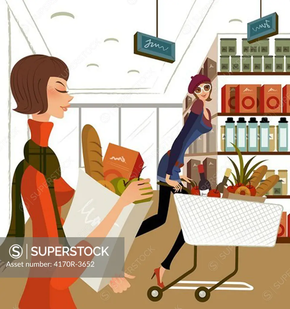 Side profile of two women shopping in a supermarket