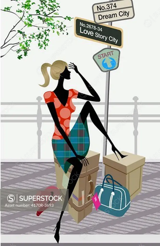 Woman thinking and sitting on a luggage