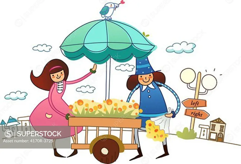 Woman buying flowers from a flower cart
