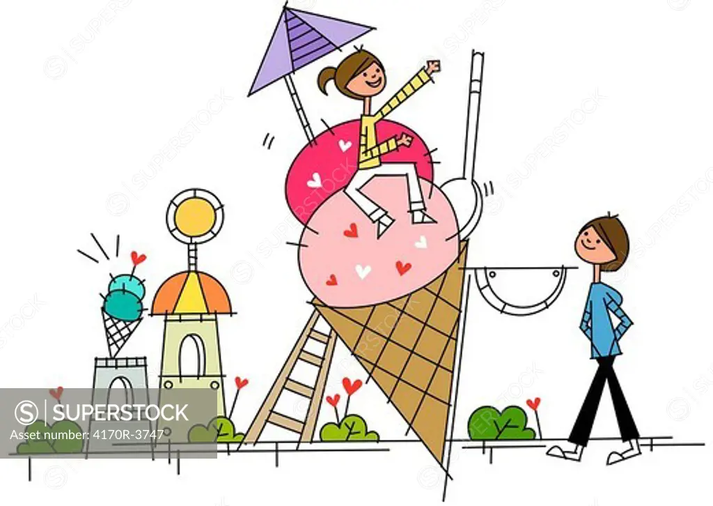 Woman sitting on an ice-cream cone and gesturing to a man