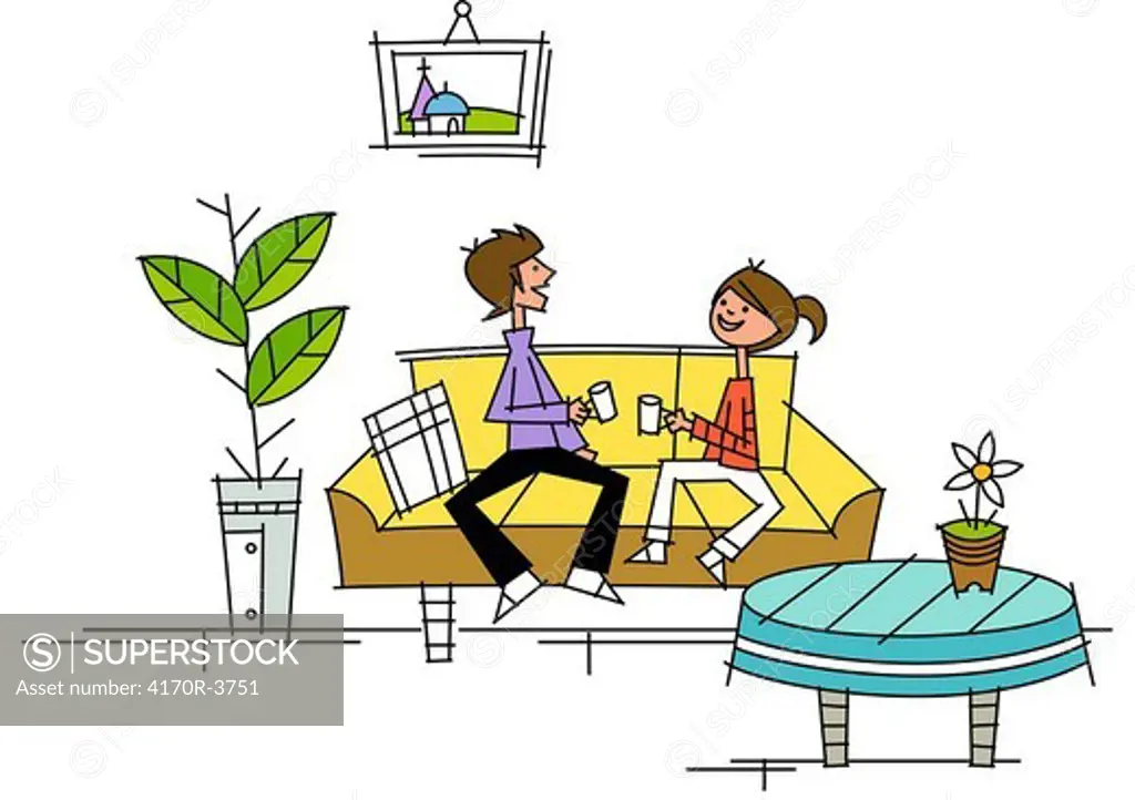 Couple sitting on a couch and holding tea cups