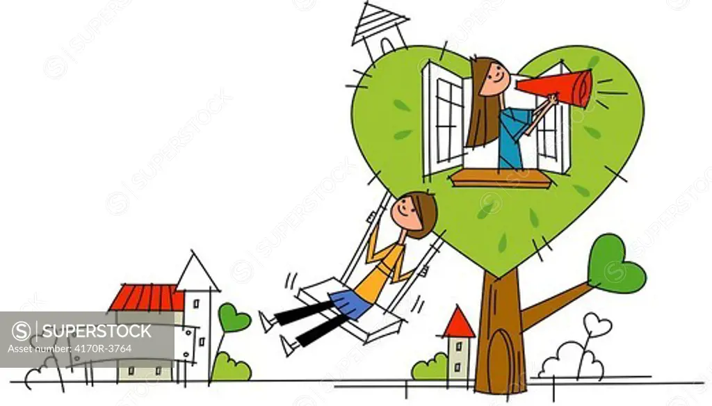 Woman swinging on a rope swing with another woman blowing a megaphone in the window of a heart shape house