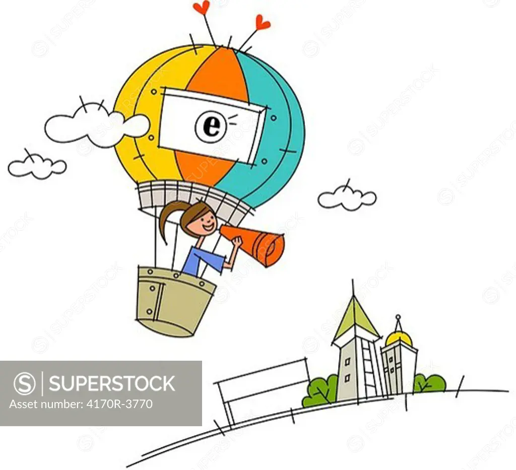 Woman using a megaphone flying in a hot air balloon