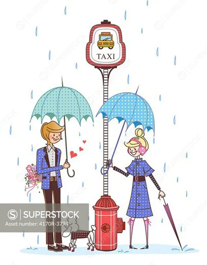 Couple standing in the rain and holding umbrellas