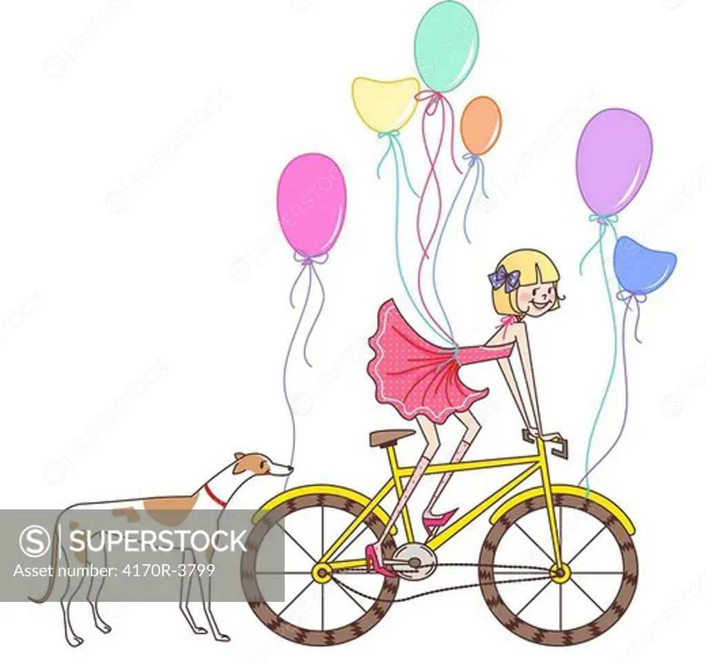 Girl riding a bicycle with a dog behind her