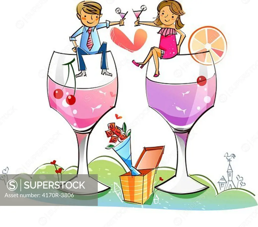 Couple sitting on stem glasses and toasting with cocktails