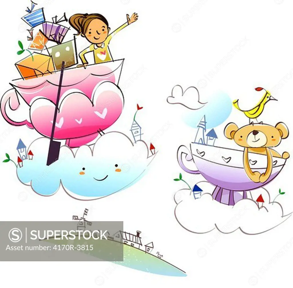 Woman flying with gifts in a cup