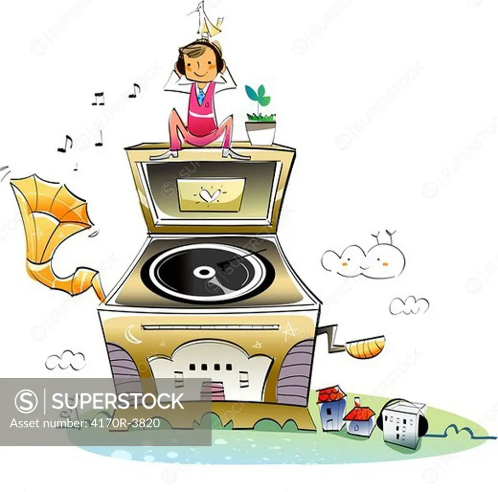 Man sitting on a house shaped turntable and listening to music