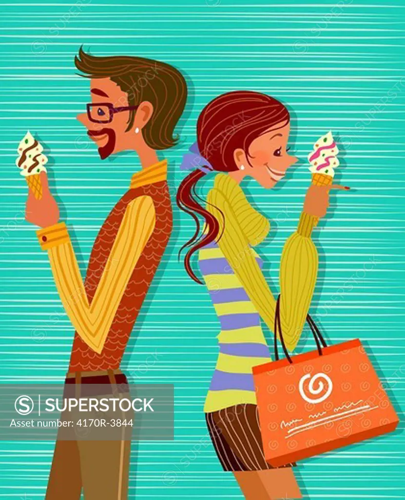 Side profile of a man and a woman standing back to back and eating ice cream