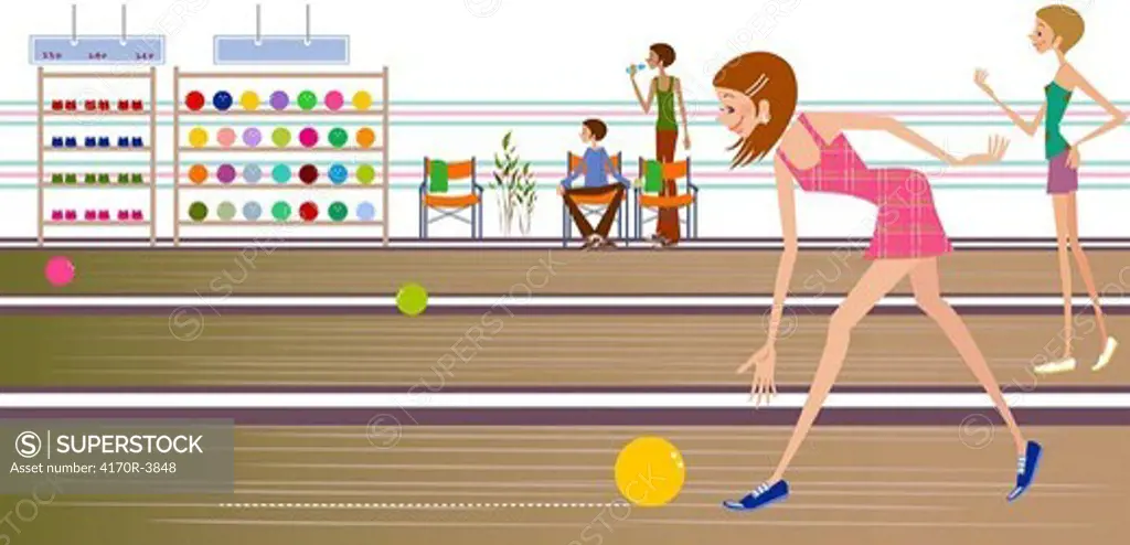 Side profile of a woman bowling in a bowling alley