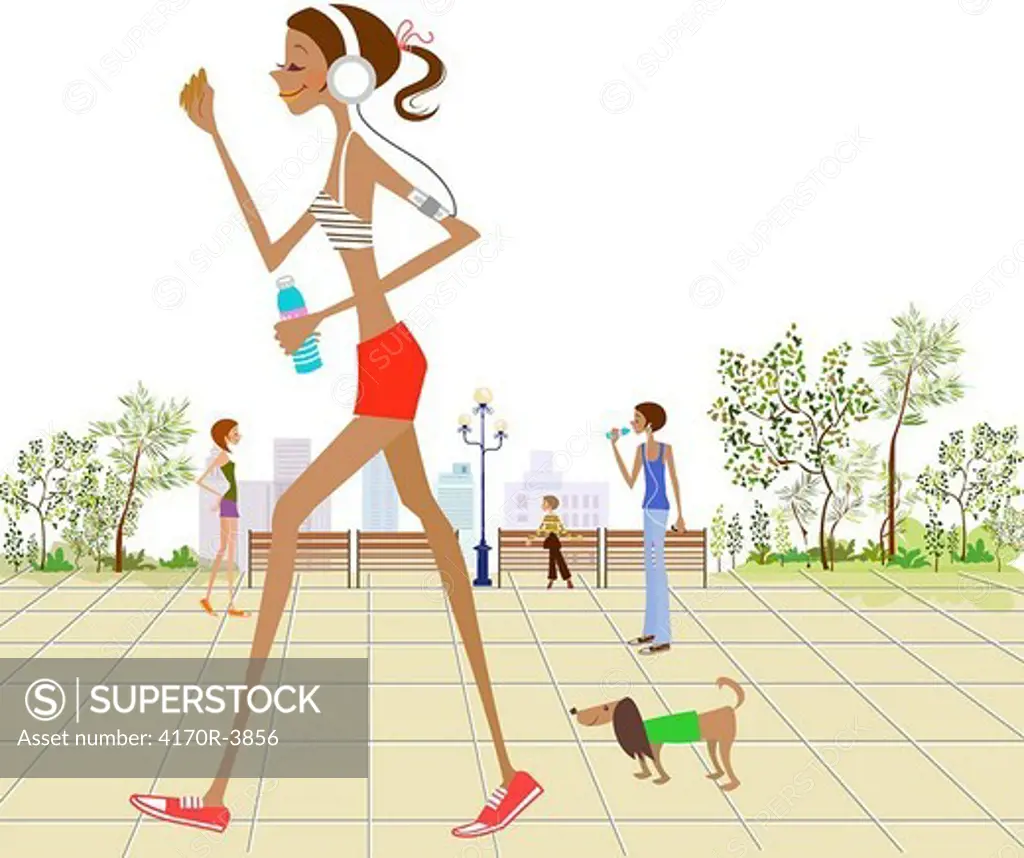 Side profile of a woman jogging and listening to music with headphones