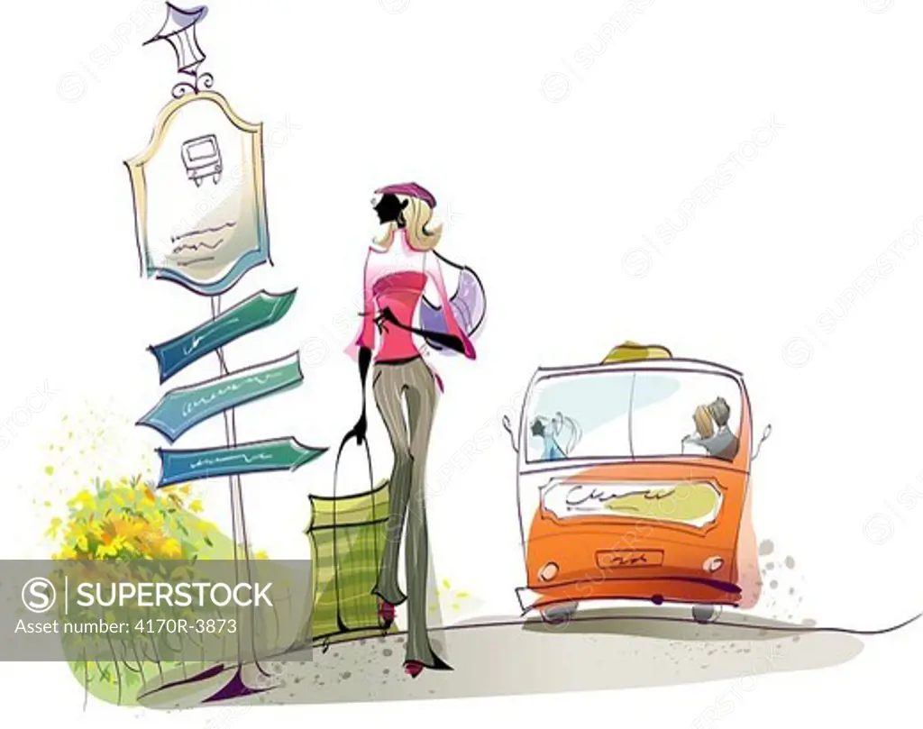 Woman holding a shopping bag and looking at an information board