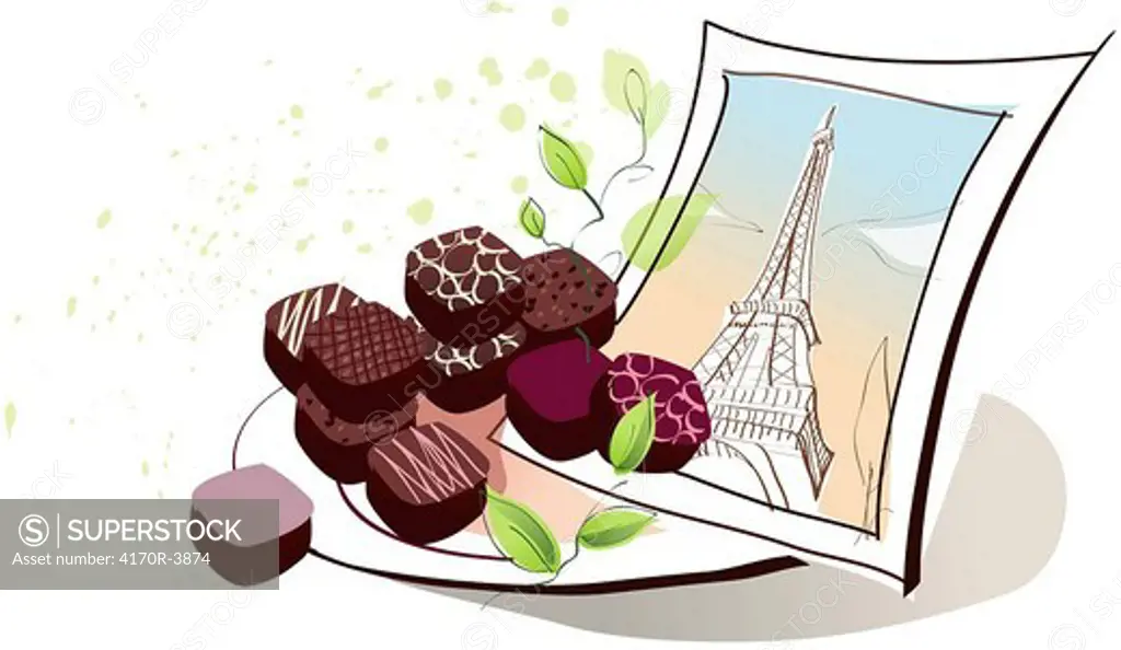 Chocolates with a photograph of Eiffel Tower on a plate