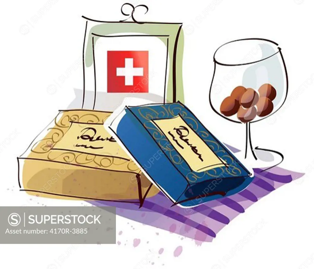 Swiss flag with chocolates and a wine glass