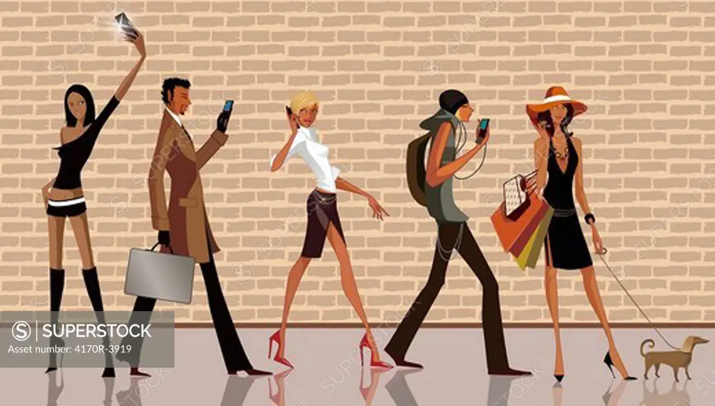 Four women and a man using mobile phones at a sidewalk