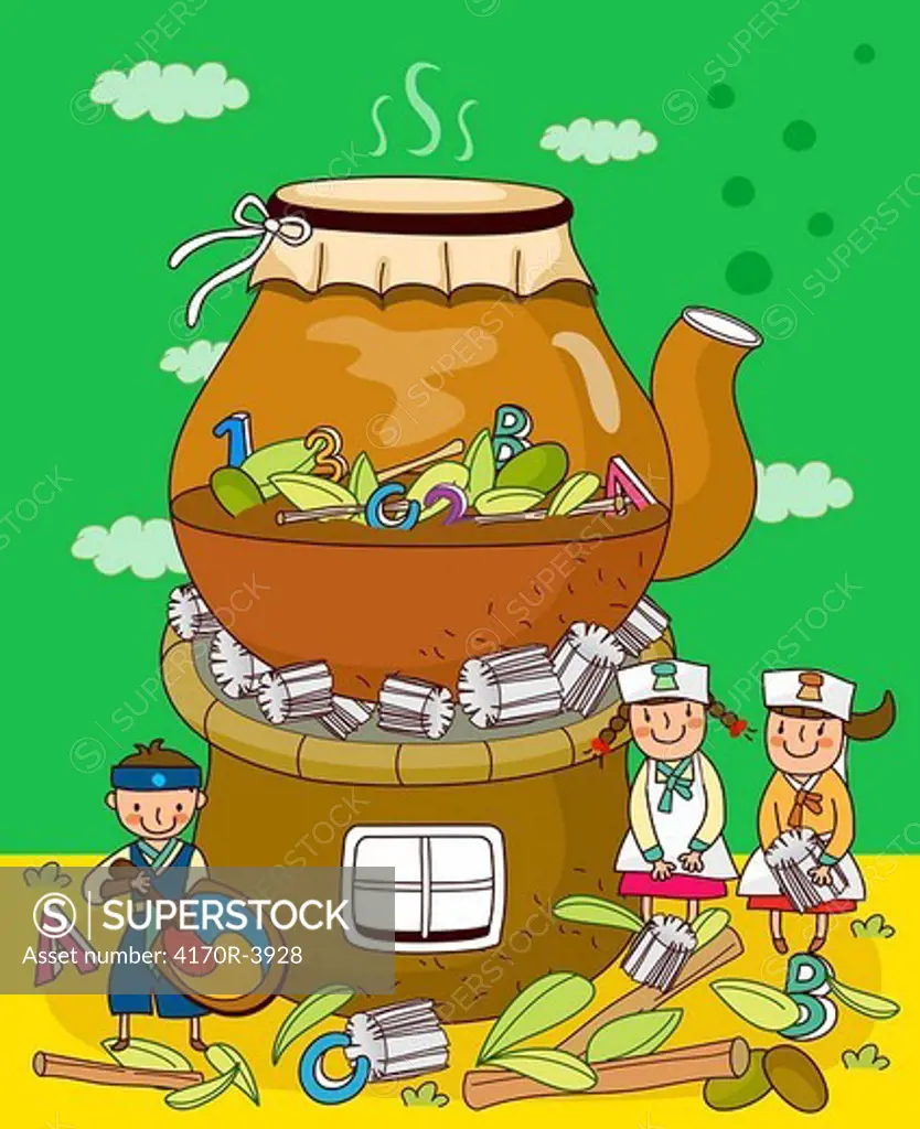 Two girls and a boy boiling alphabets and numbers in a kettle