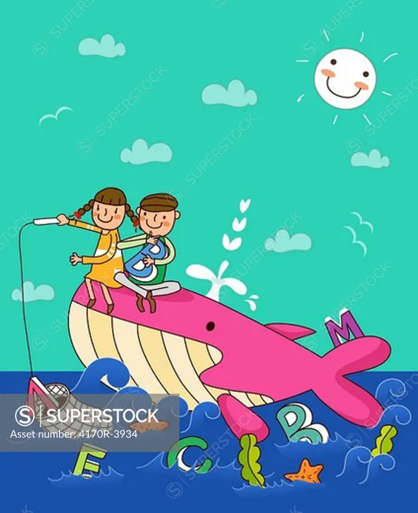Boy with a girl sitting on a whale and fishing in the sea