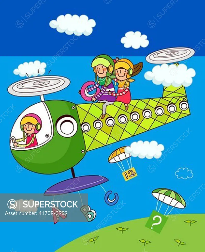 Girl and a boy sitting on a helicopter