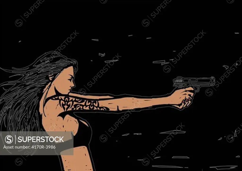 Side profile of a woman shooting with a handgun