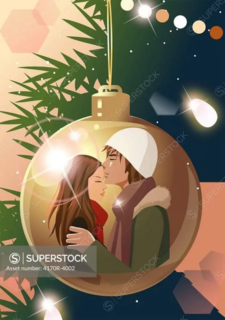 Side profile of a man kissing a woman reflected on a Christmas ornament
