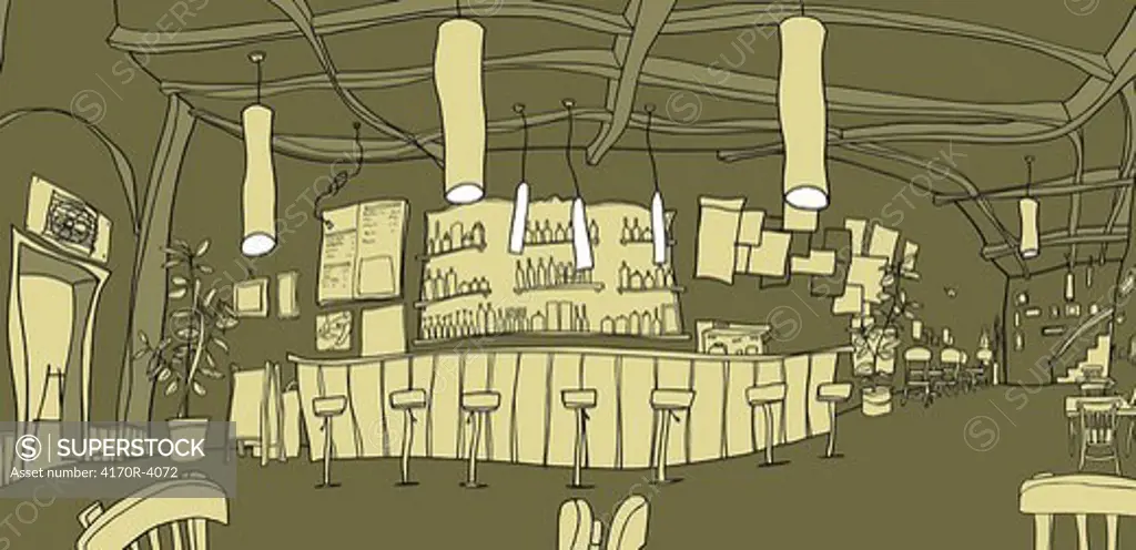 Chairs arranged by bar counter with bottles in the background