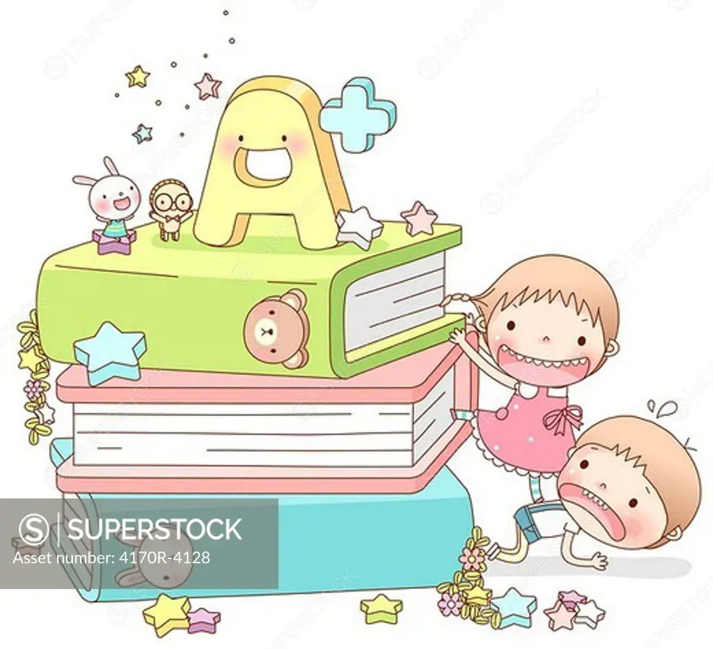 Girl climbing on boy to reach A plus sign by books