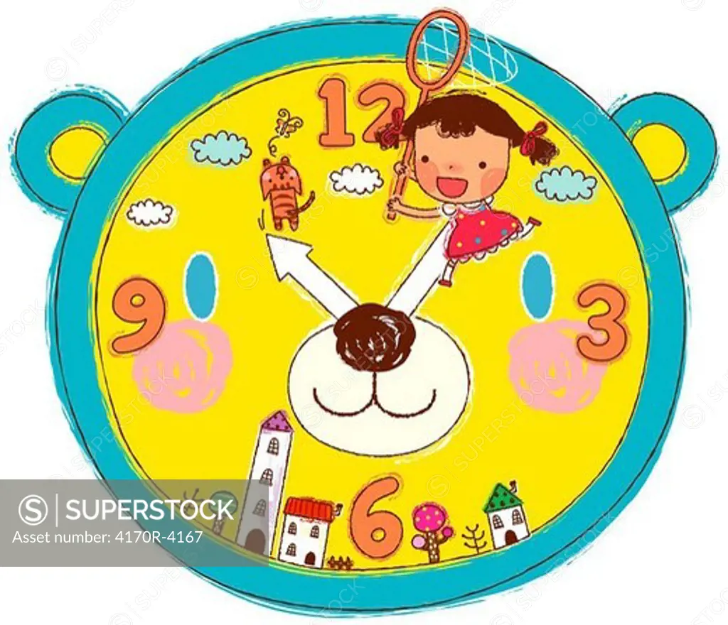 Girl with fishing net on clock dial