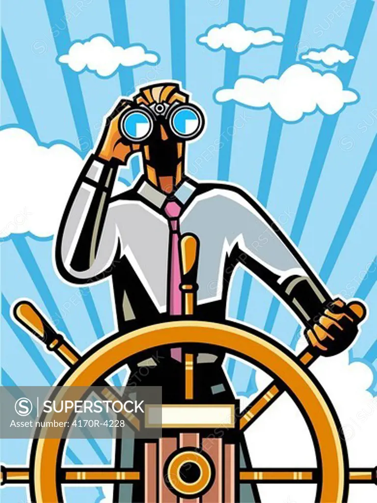 Businessman at helm with binocular