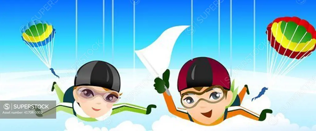 Man and a woman parachuting