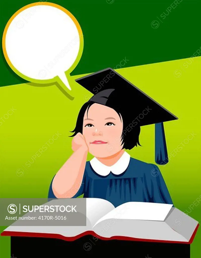 Girl wearing a graduation gown and thinking