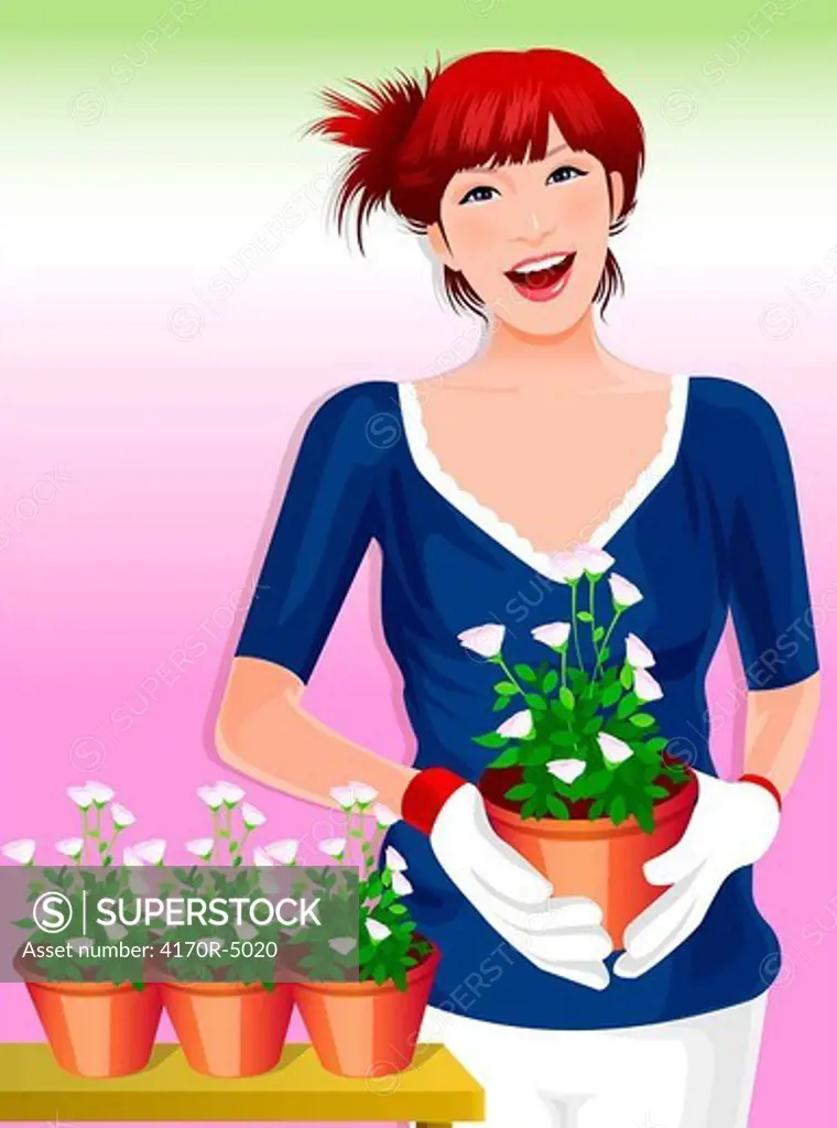 Portrait of a woman holding a potted plant