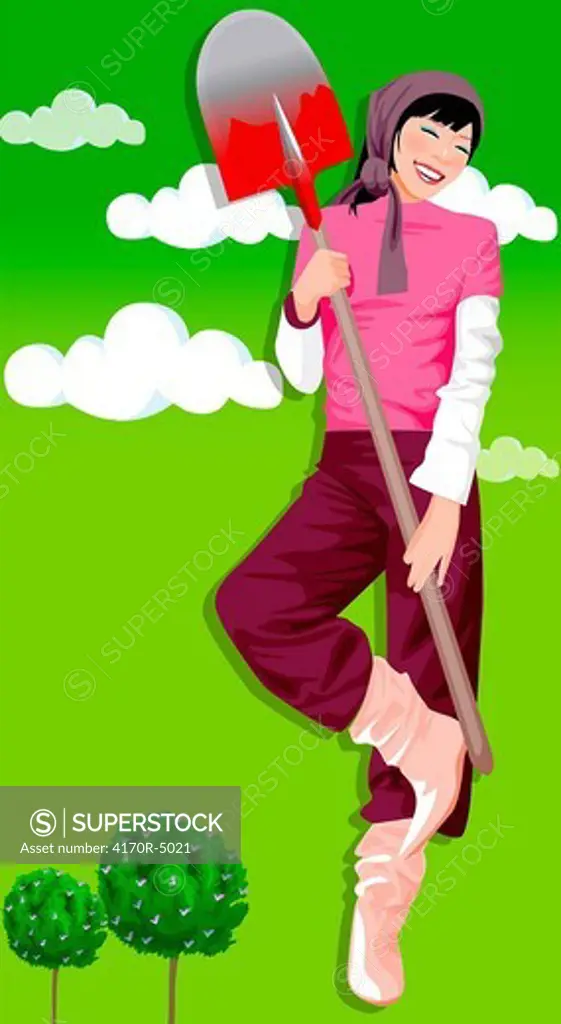 Woman holding a shovel and smiling