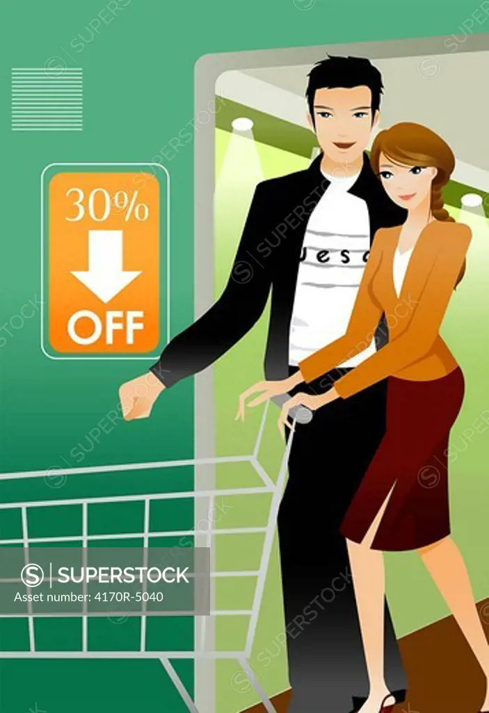 Couple in a shopping mall with a shopping cart