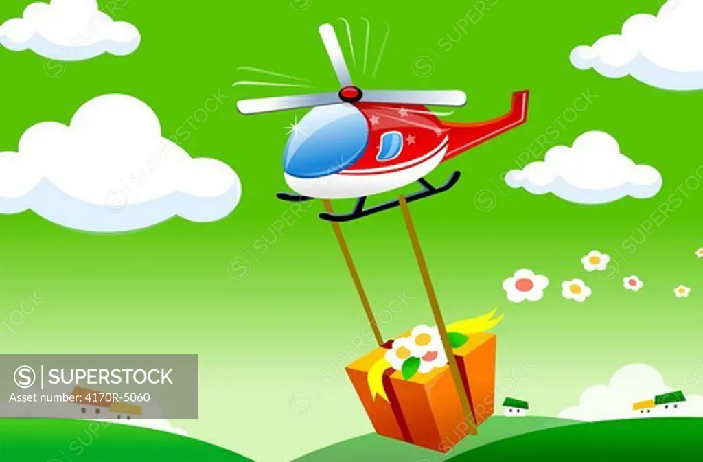 Gift hanging on a helicopter