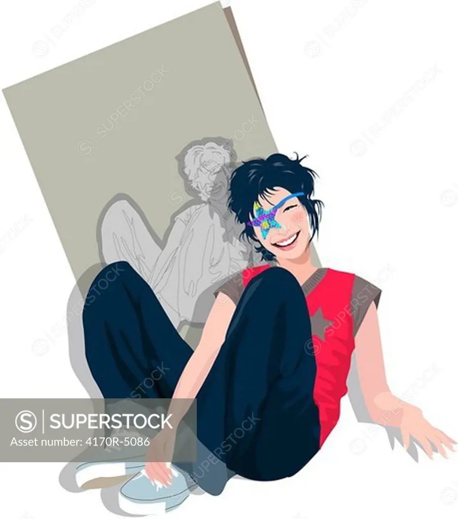 Man leaning against a poster and smiling