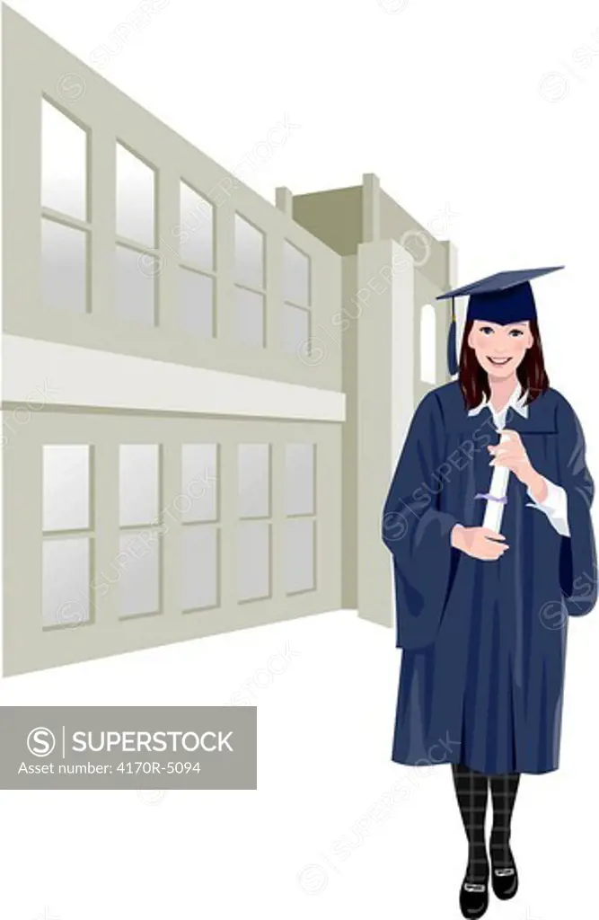 Portrait of a woman wearing graduation gown and holding her diploma