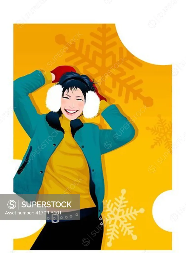 Woman wearing earmuffs and smiling