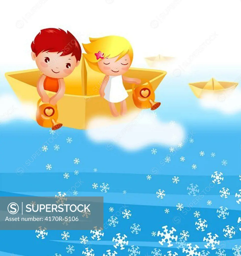 Boy and a girl on a paper boat spraying snowflakes with watering cans