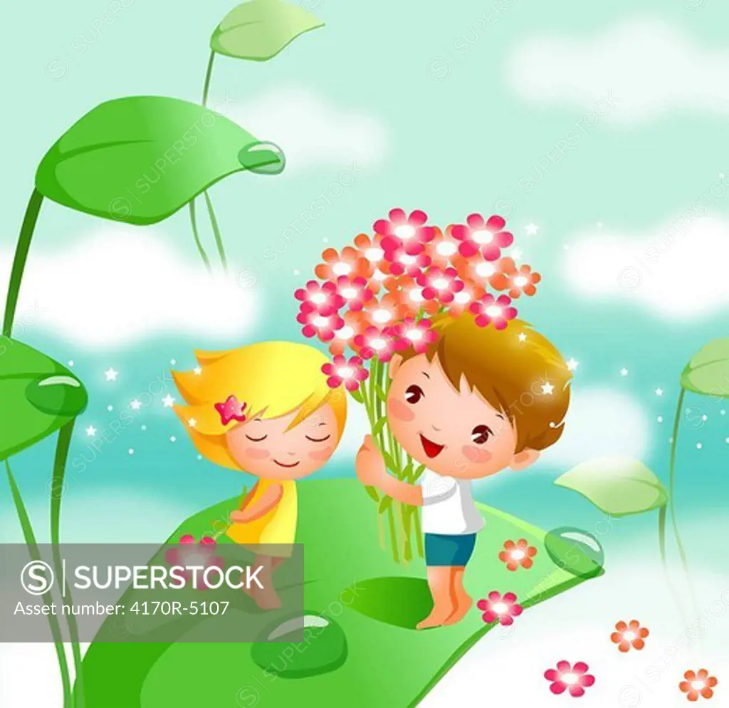 Side profile of a boy giving flowers to a girl