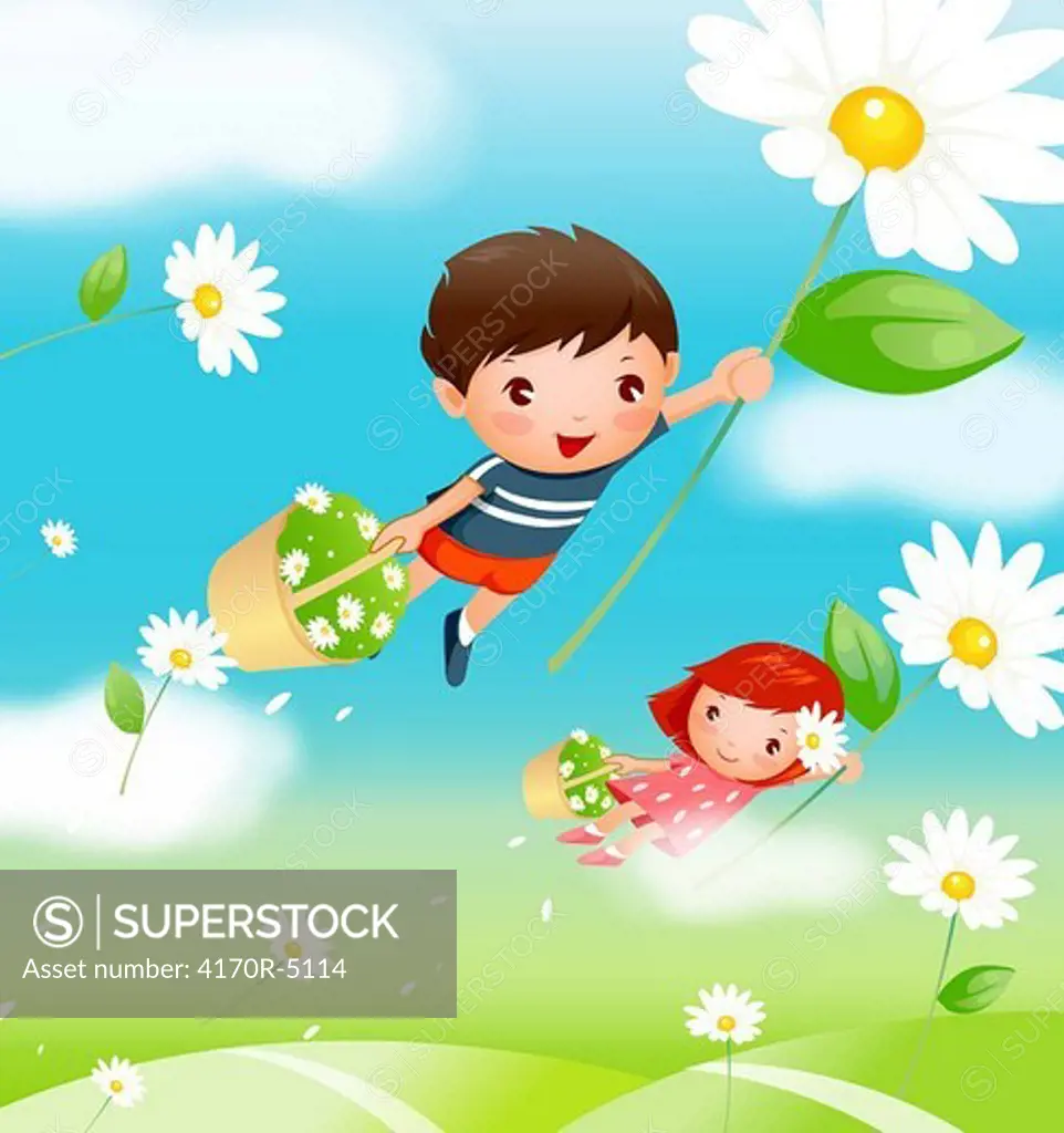 Boy and a girl carrying baskets of flowers and flying over a field