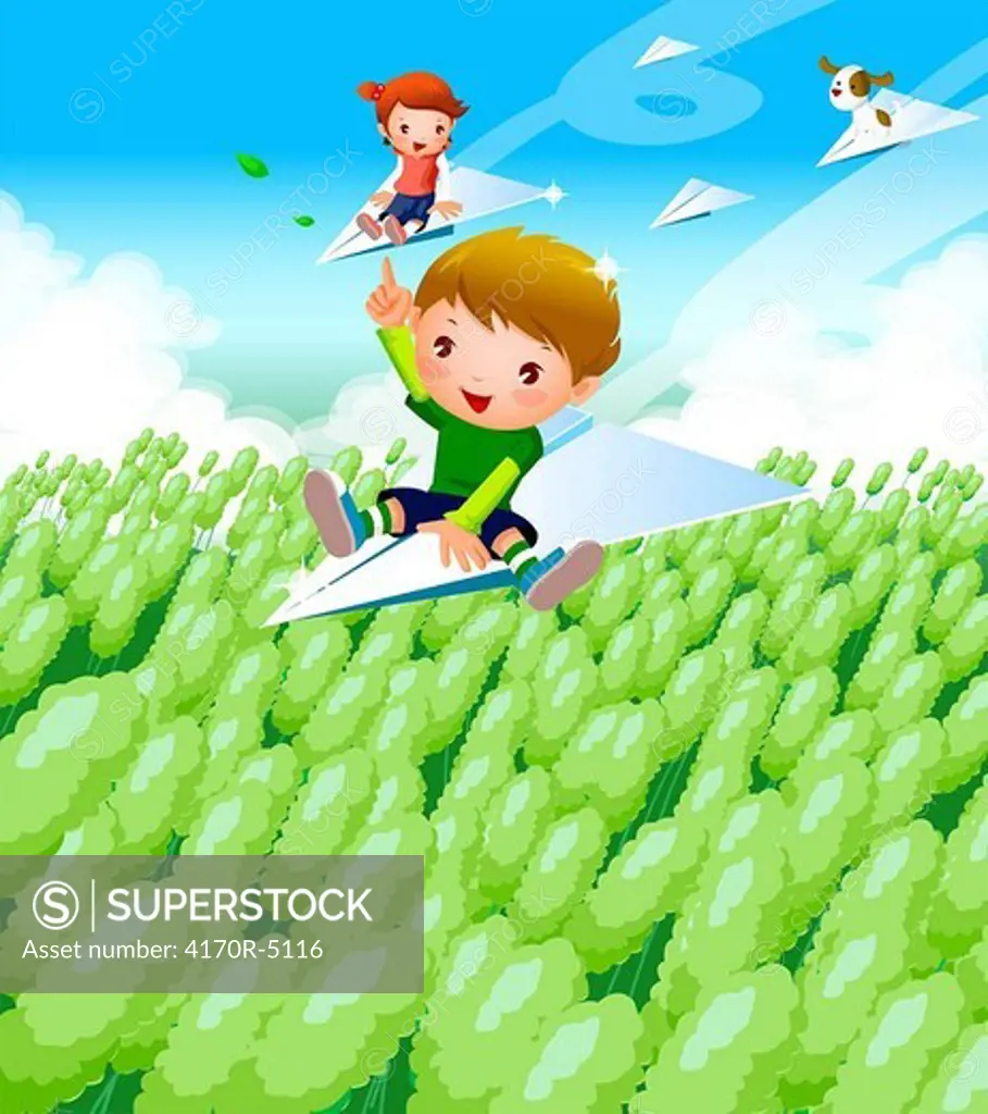 Boy and a girl flying on paper airplanes over a field