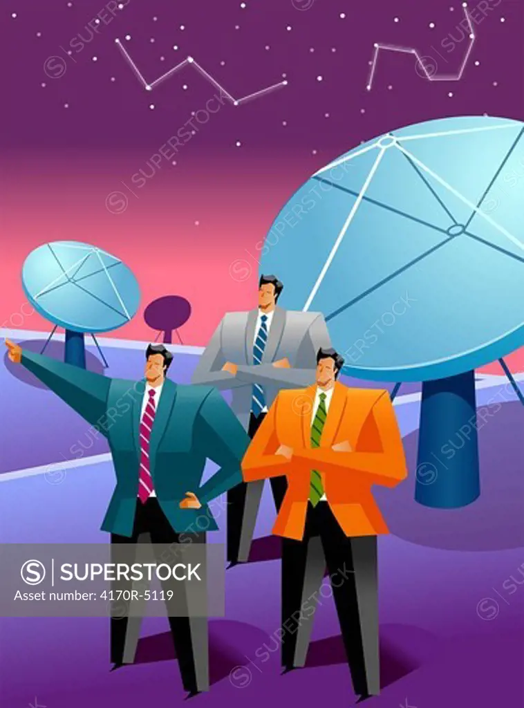 Three businessmen standing in front of satellite dishes and looking at the sky