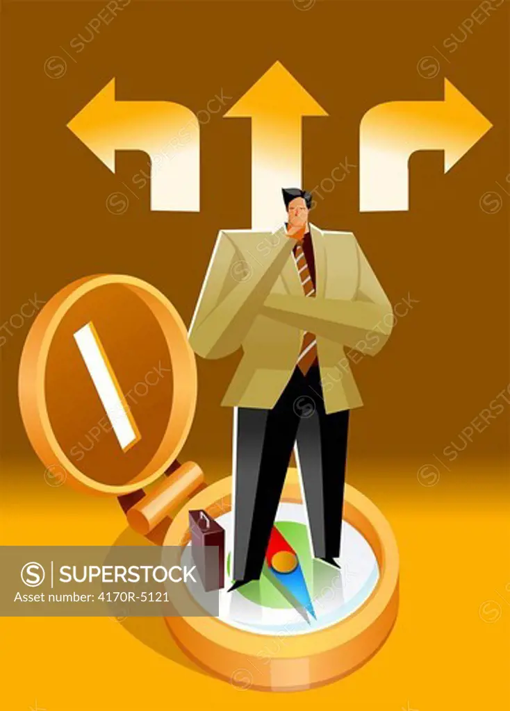 Businessman standing on a compass and looking confused