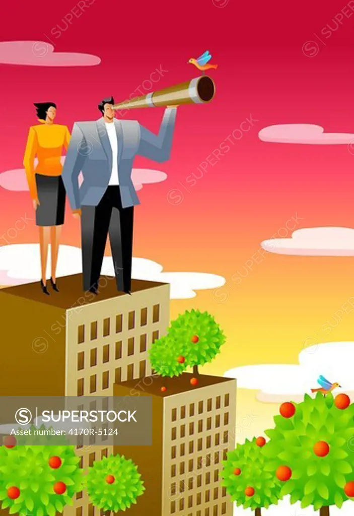 Businessman standing on the roof of a building and looking through a telescope with a businesswoman beside him