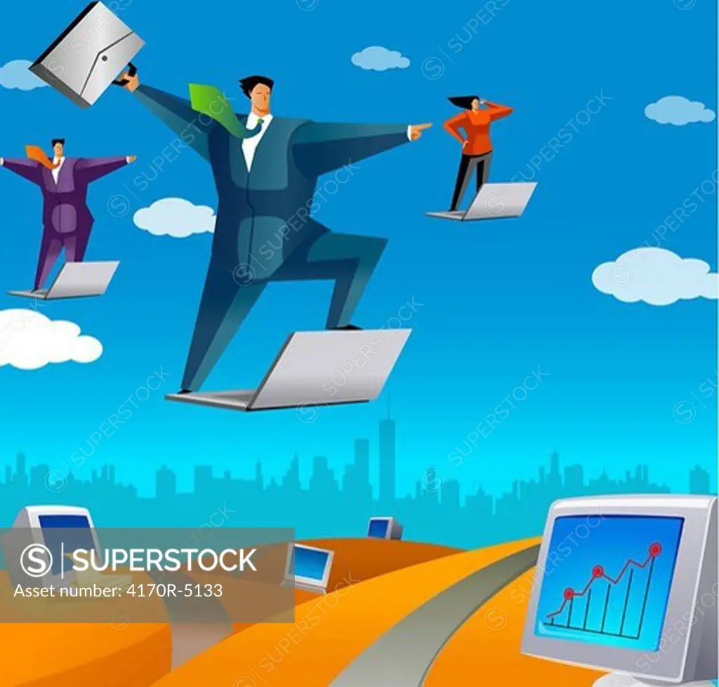 Two businessmen and a businesswoman flying on laptops