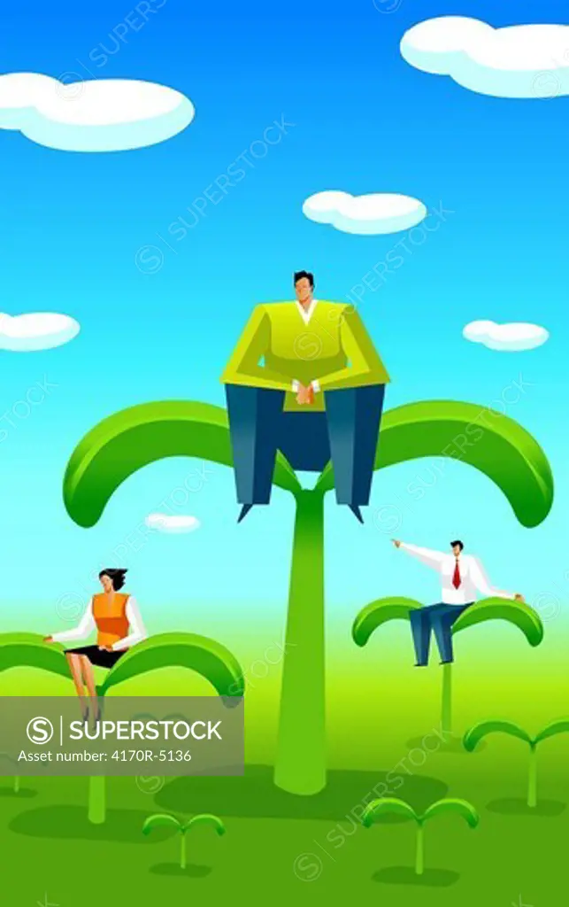 Two businessmen and a businesswoman sitting on plants
